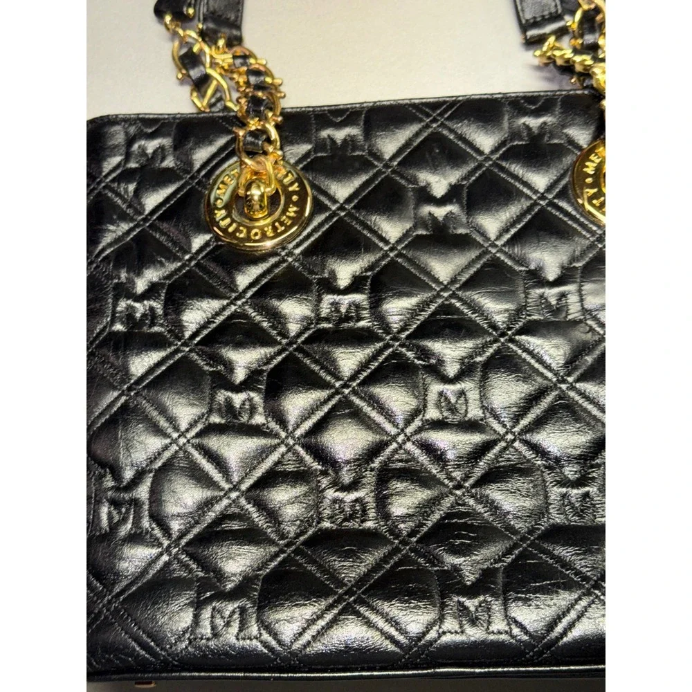 Metrocity Black Quilted Leather‎ Tote Bag Gold Hardware Logo Charm Shoulder Bag